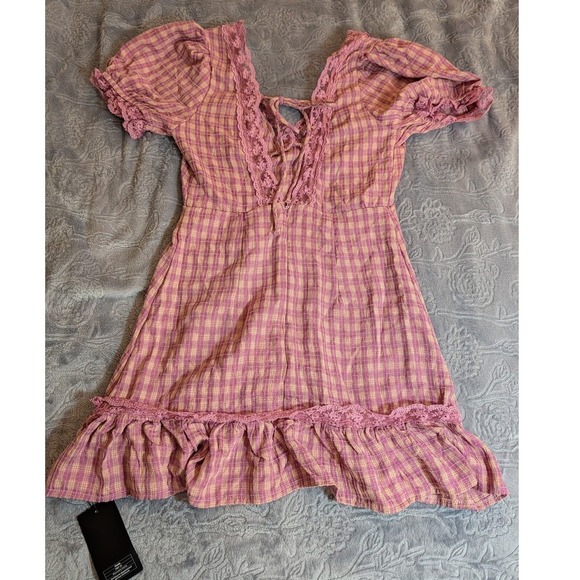Westfade Pink Plaid V Neck Short Puff Sleeve Back Cut Out Mini Dress Small - Picture 5 of 9